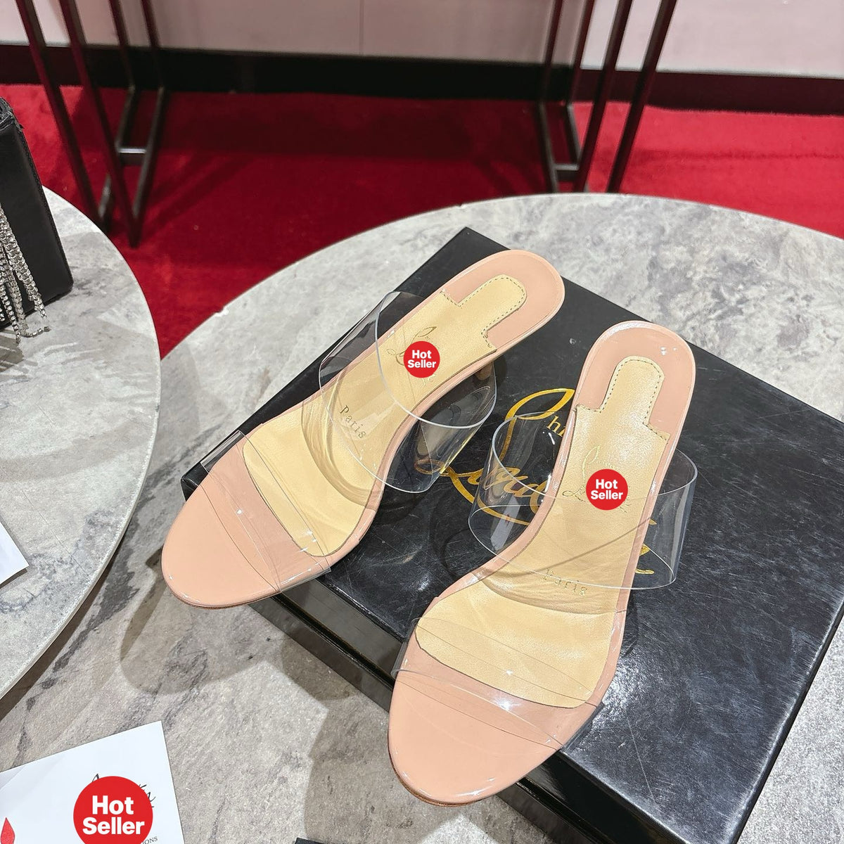 Clear high-heeled mules, 8.5cm heel.