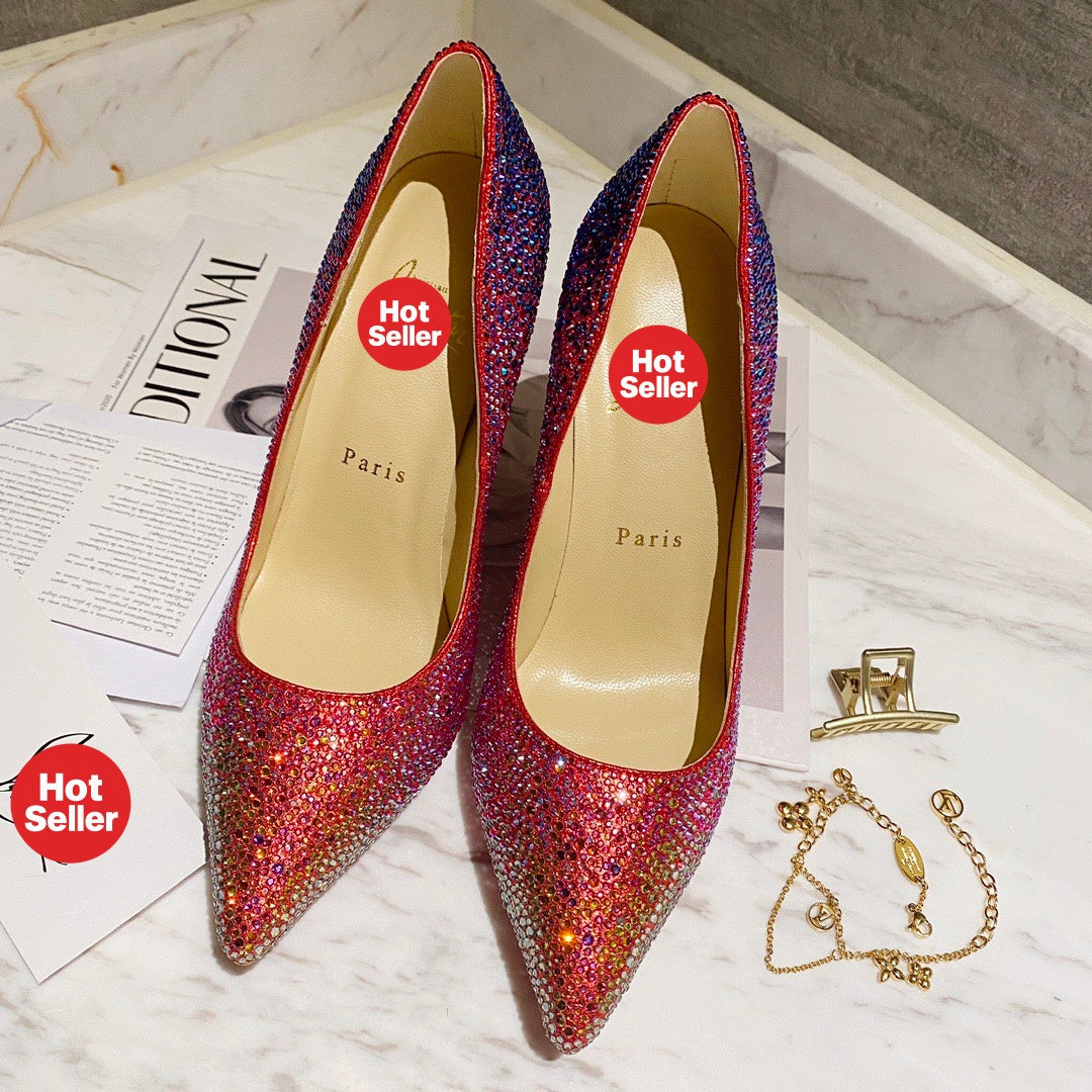 Red fully embellished high heels, 10cm heel.