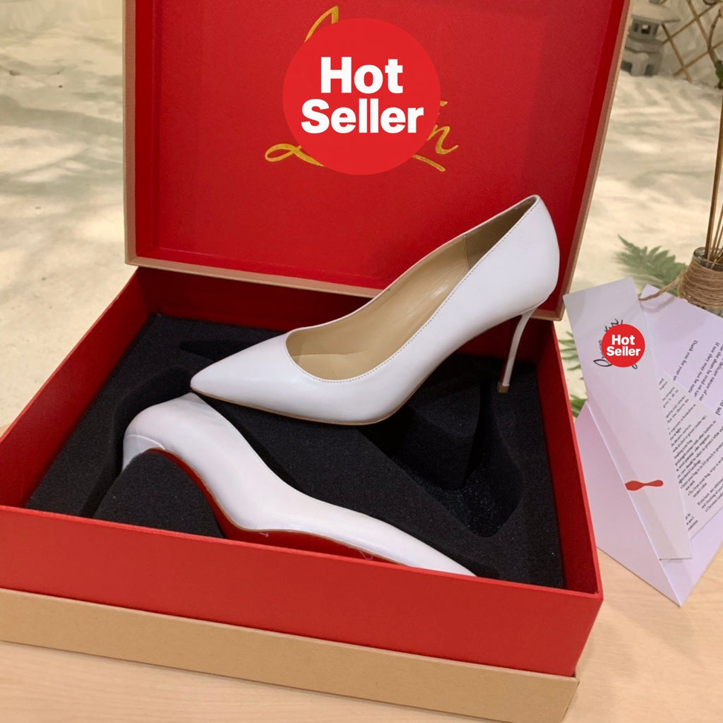 White cowhide high heels, 8.5cm heel.