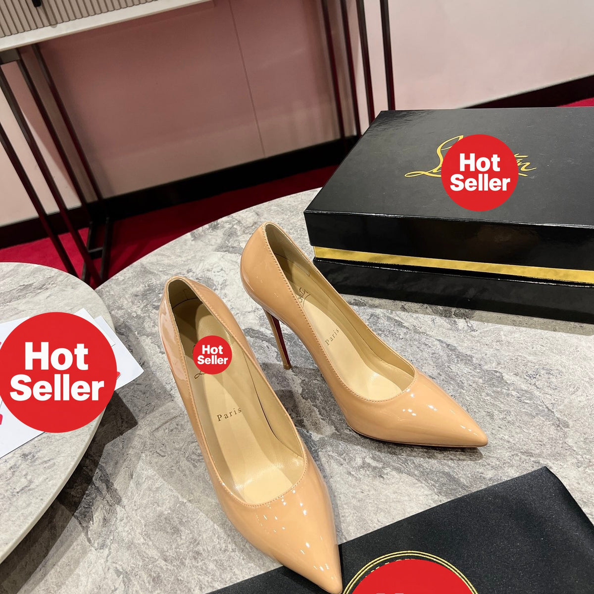Apricot patent leather high heels, 12cm heel.