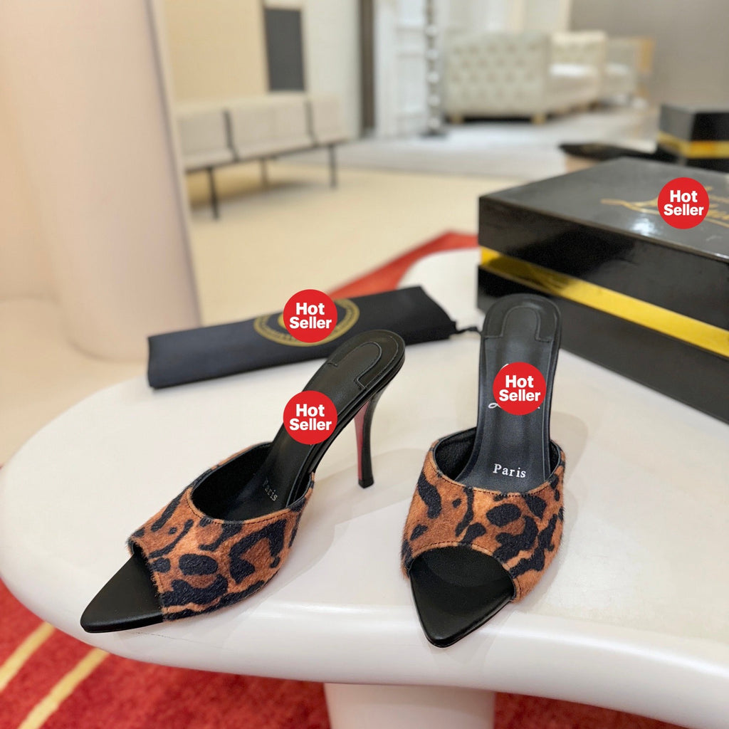 Leopard-print pointed-toe high-heeled mules (10cm heel)