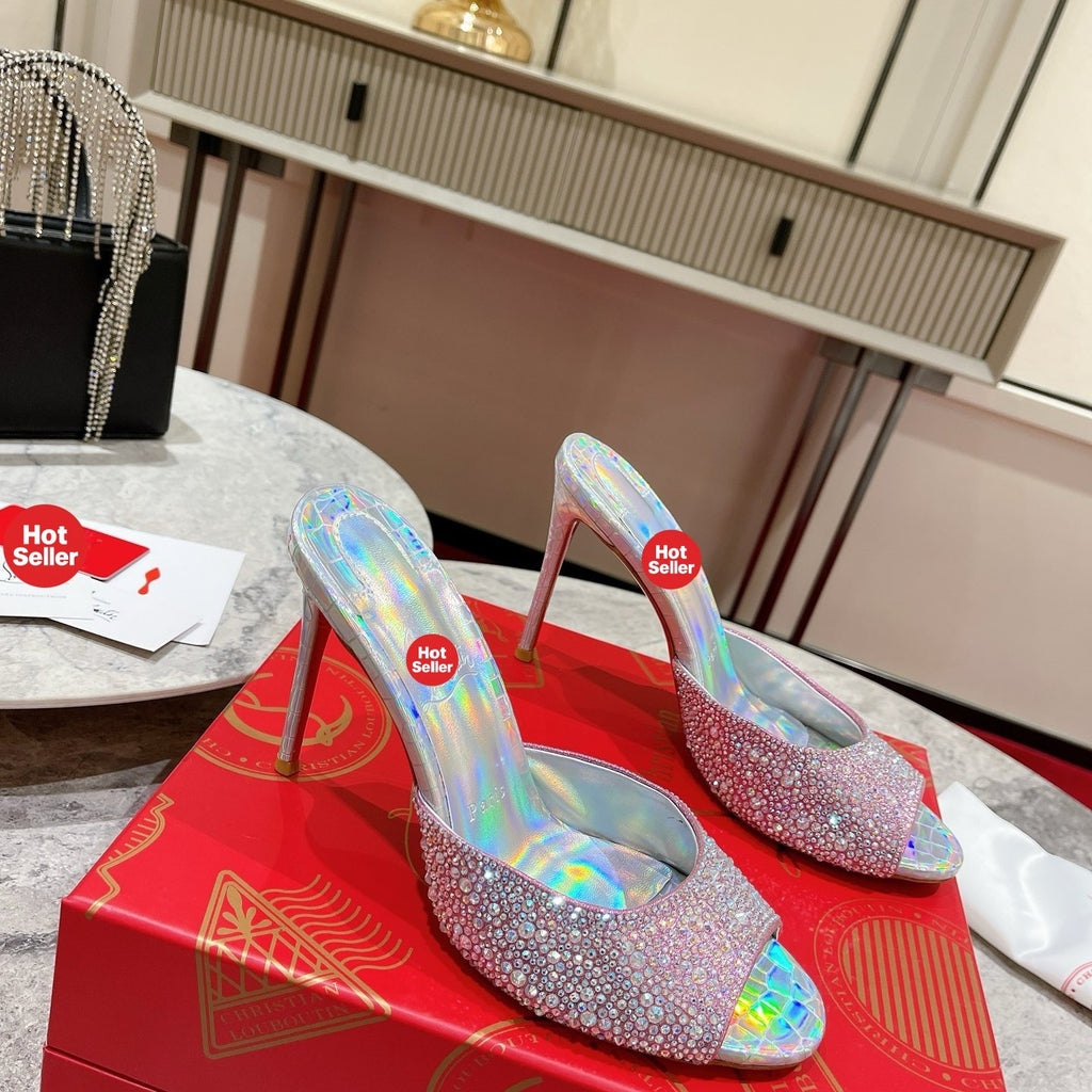Peep-toe rhinestone high-heeled mules (10cm heel)
