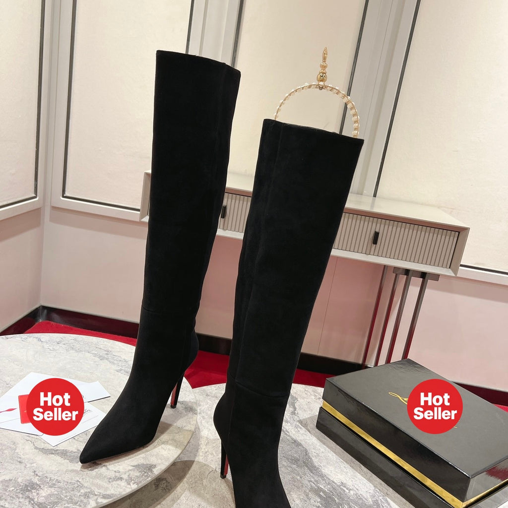 Black suede long boots, 10cm heel.
