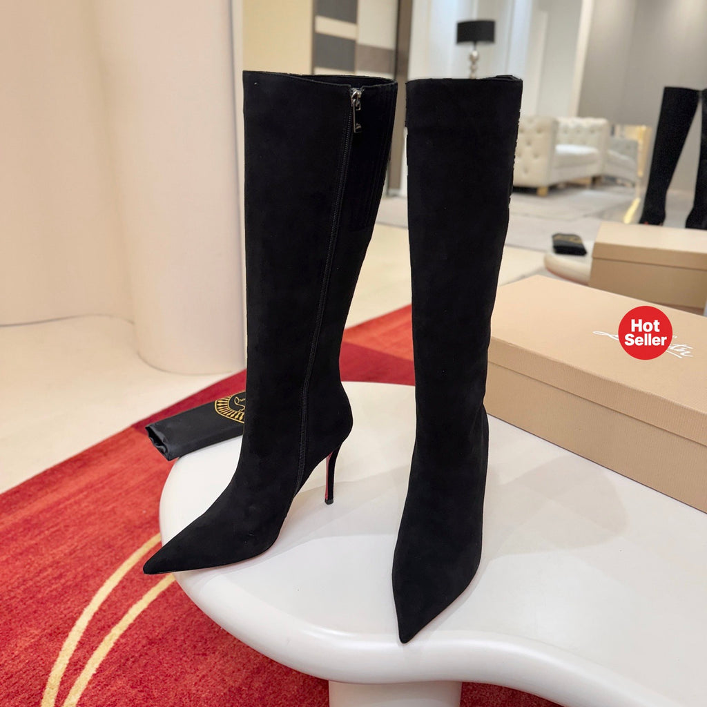 Black calf-hair high-heeled tall boots, 10cm heel.