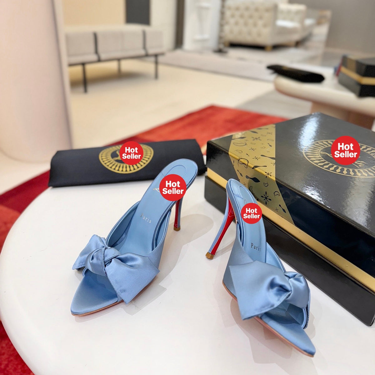 Blue silk taffeta bow-detail high-heeled mules