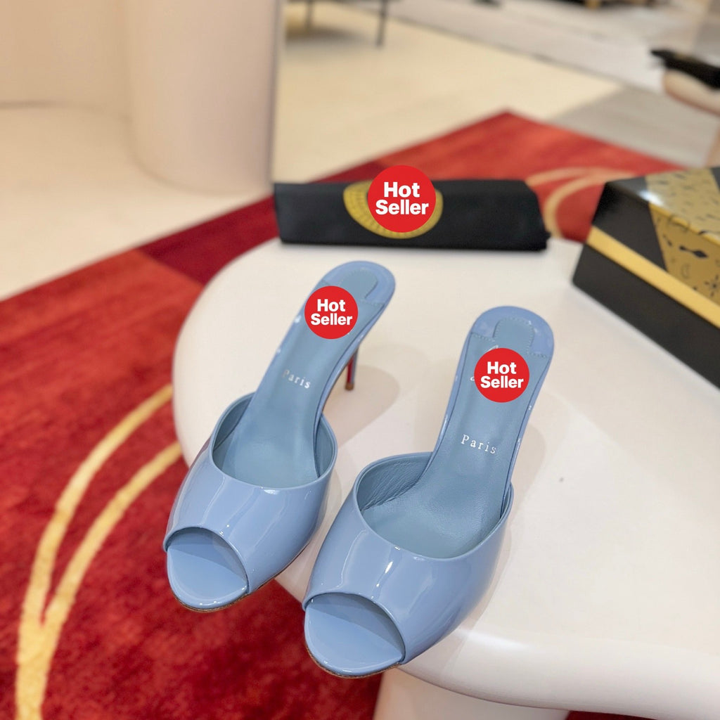 Light blue patent leather peep-toe high-heeled mules (10cm heel)