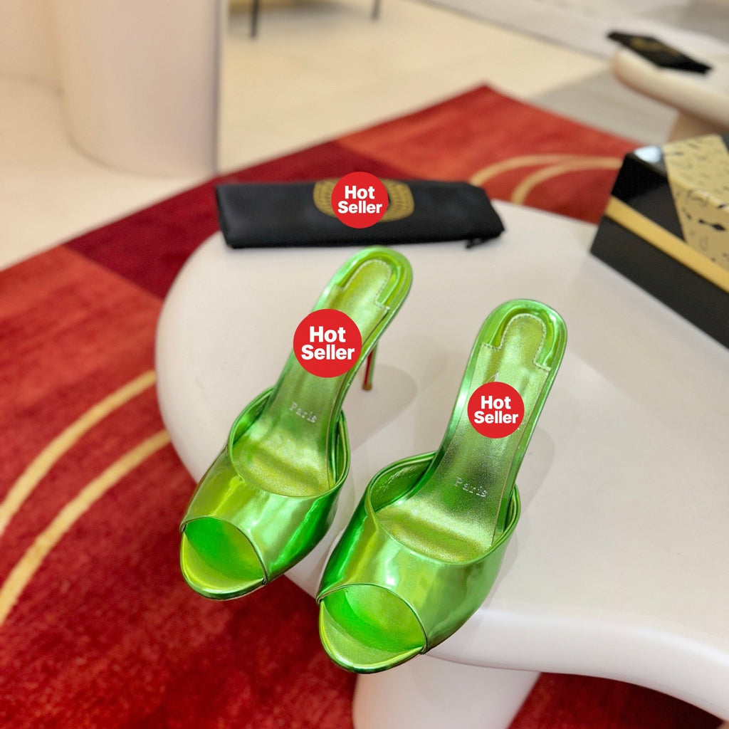 Green peep-toe high-heeled mules, 10cm heel.