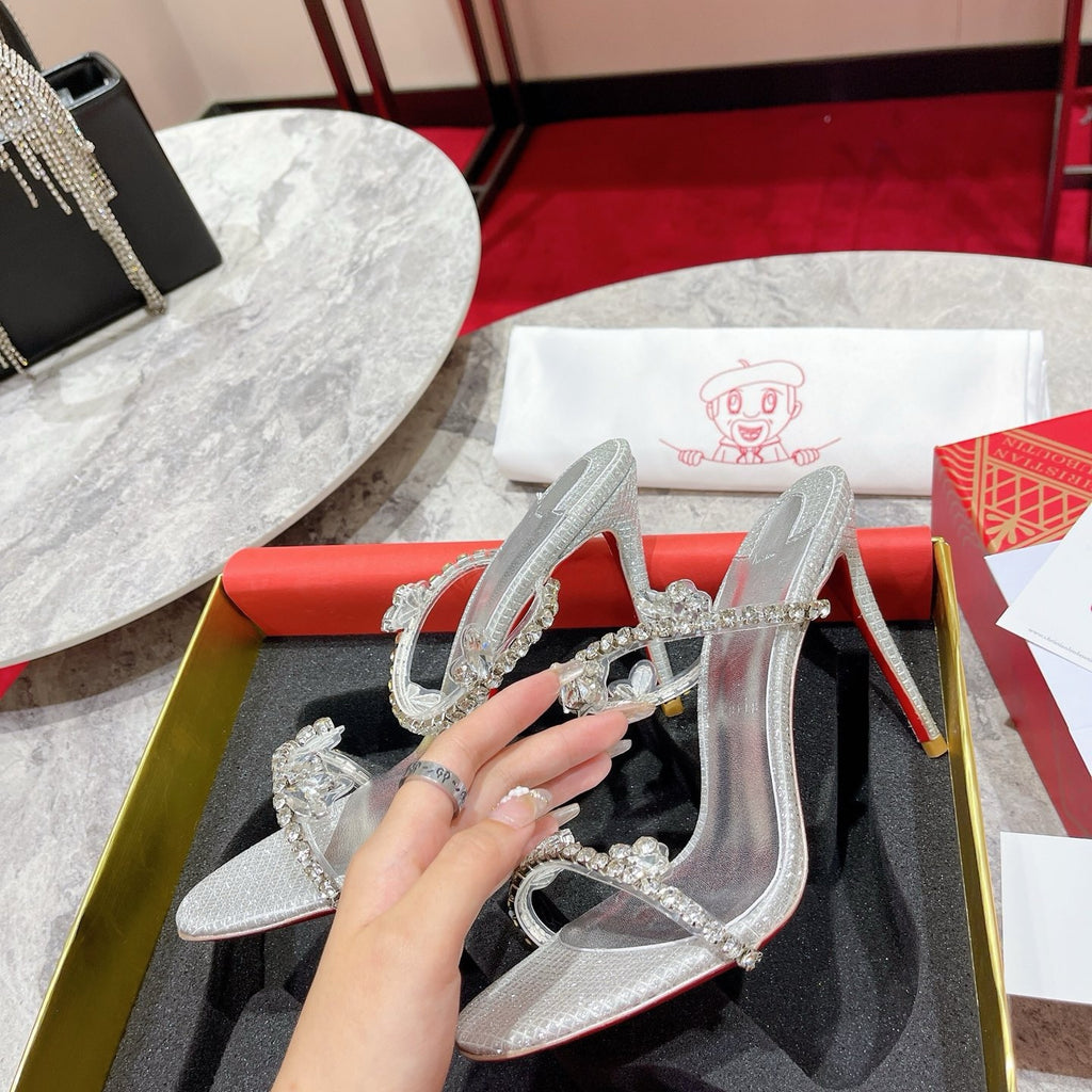 Crystal single-strap sandals, 10cm heel.