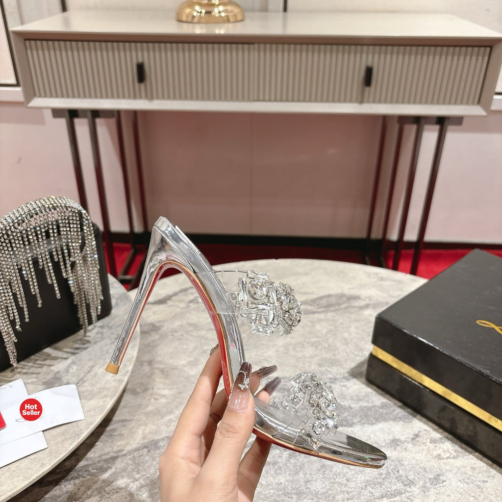 Rhinestone-embellished high-heeled mules, 10cm heel.
