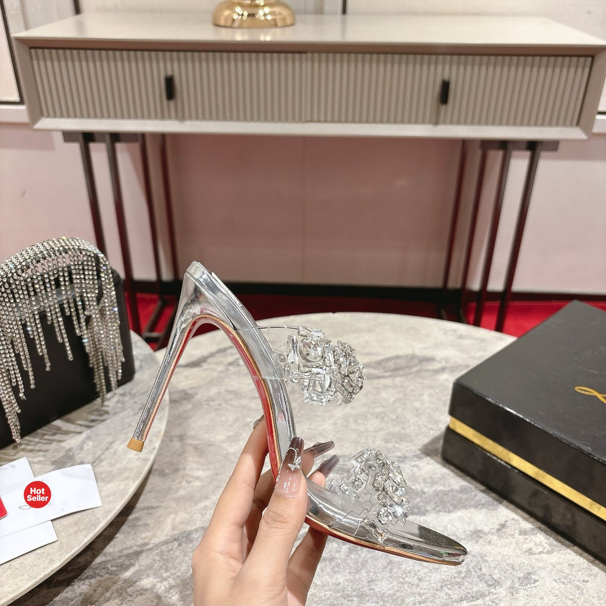 Rhinestone-embellished high-heeled mules, 10cm heel.