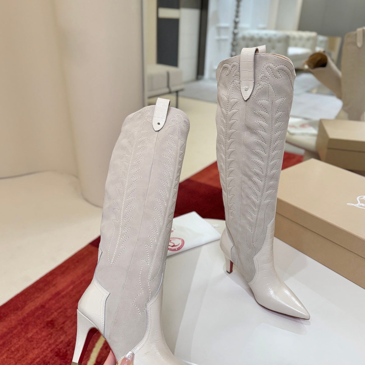Hand-stitched denim tall boots with 8.5cm heels
