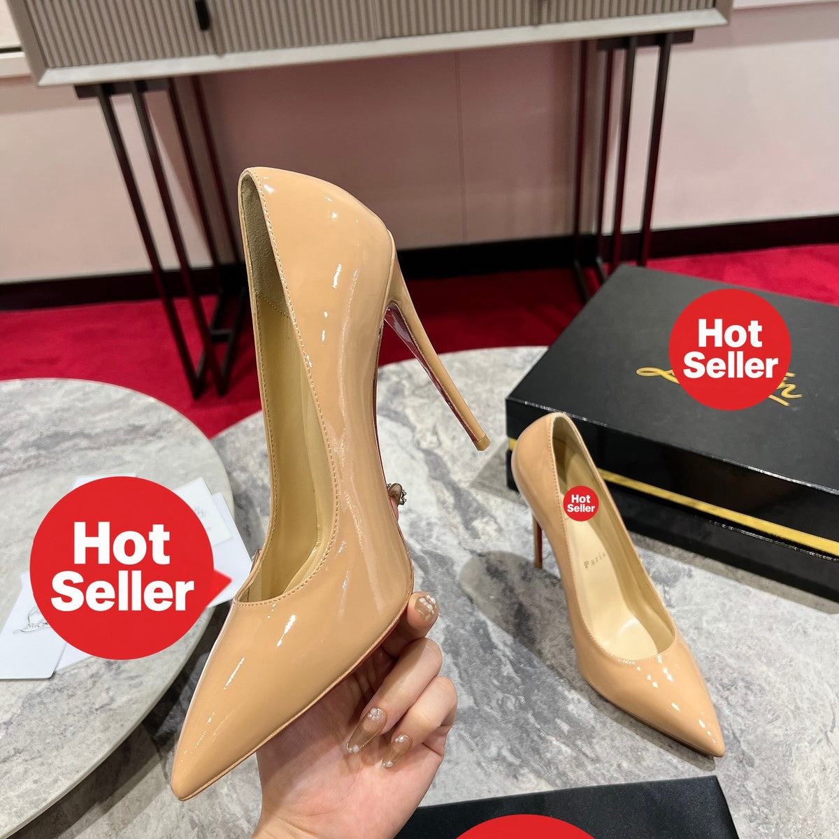 Apricot patent leather high heels, 12cm heel.