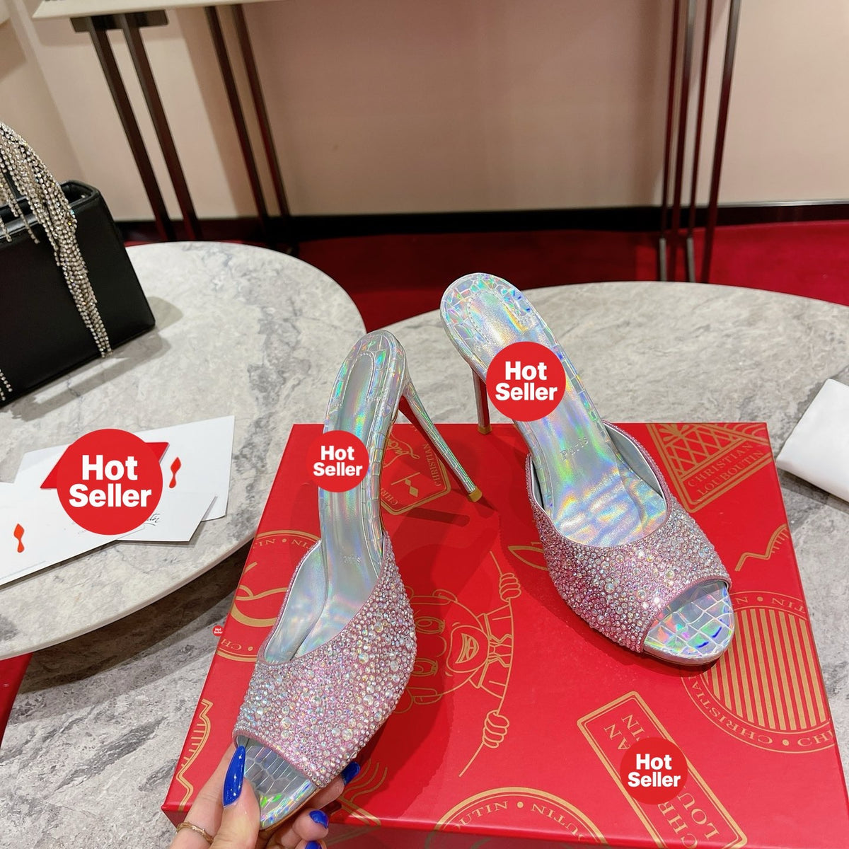 Peep-toe rhinestone high-heeled mules (10cm heel)