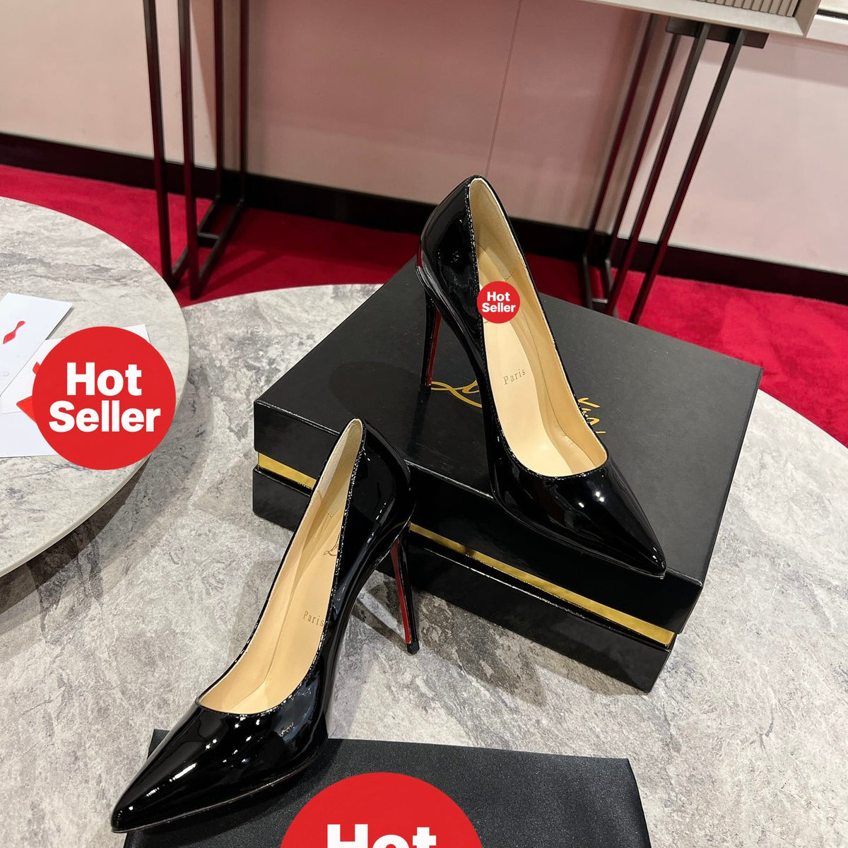 Black patent leather high heels, 10cm heel.