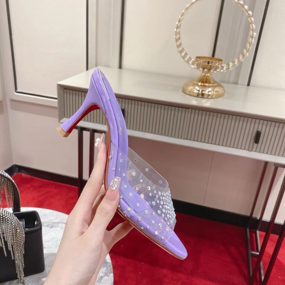 Clear-strap peep-toe high-heeled mules (8cm heel)