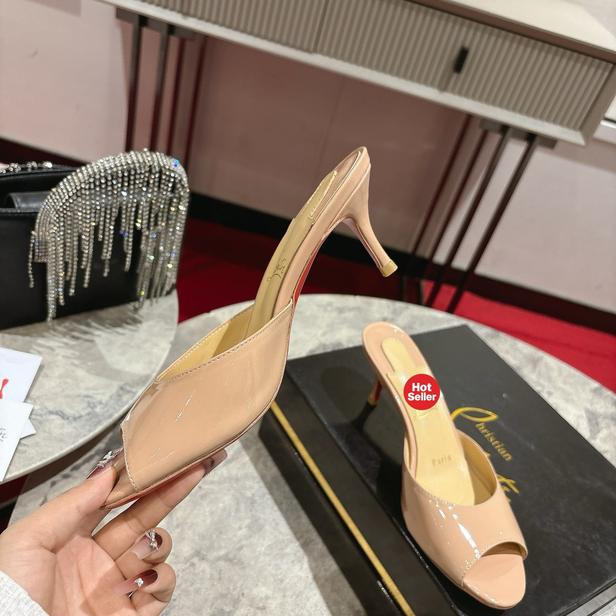 Apricot patent cowhide high-heeled mules, 8.5cm heel.