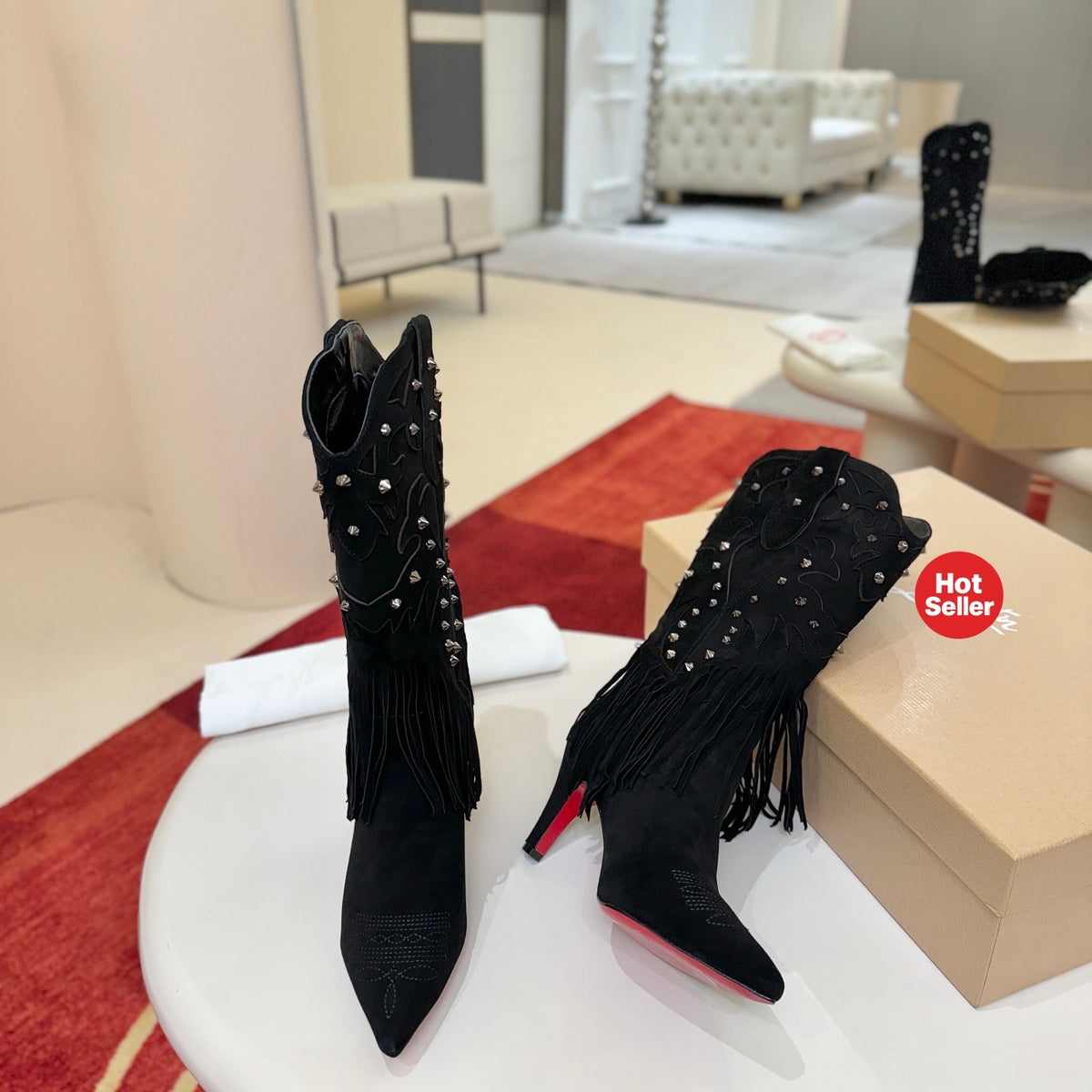 Classic black runway boots, 8.5cm heel.