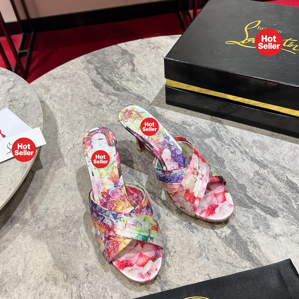 Printed high-heeled mules, 8.5cm heel.