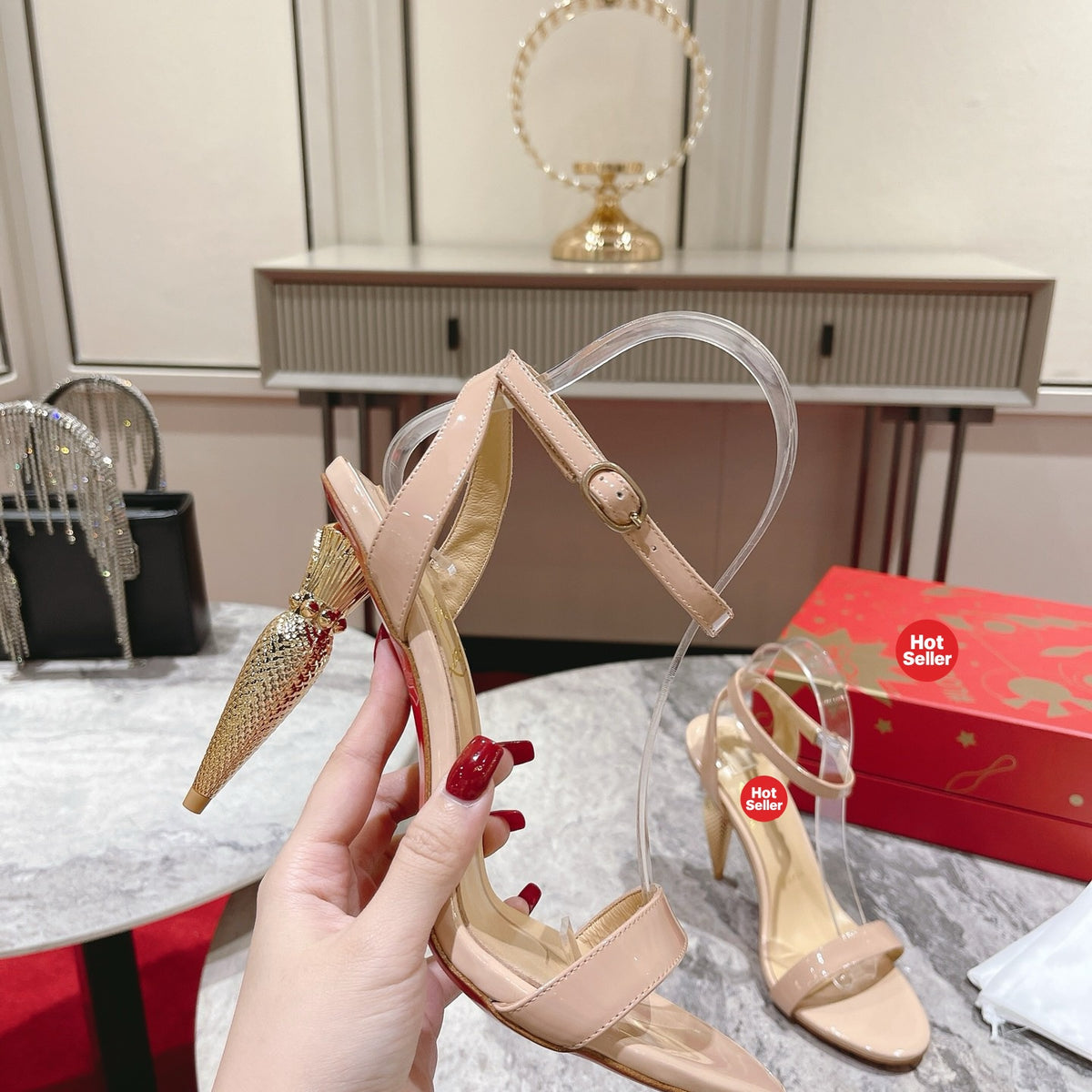Apricot leather high heels, 10cm heel.
