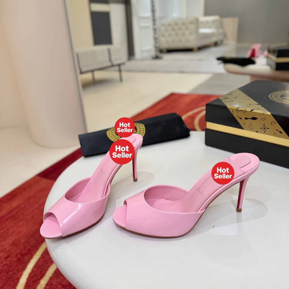 Pink patent leather peep-toe high-heeled mules, 10cm heel.