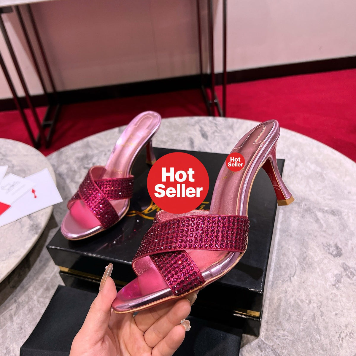 Peep-toe high-heeled slides with diamond embellishment; 8.5cm heel.