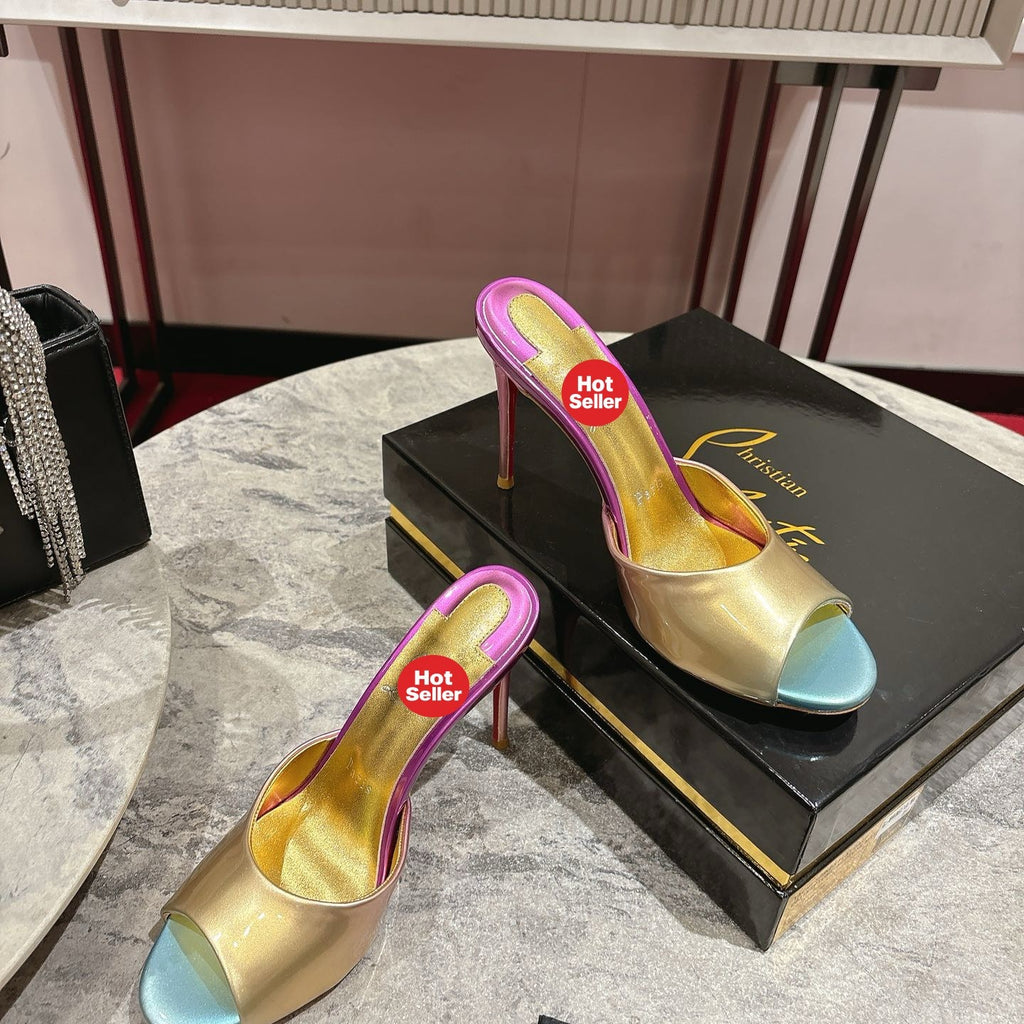 Peep-toe colorful high-heeled mules, 10cm heel.