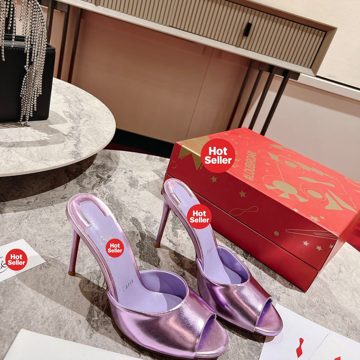Purple peep-toe high-heeled mules