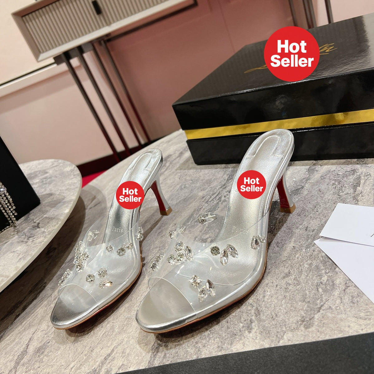 Crystal-embellished high-heeled slides (10cm heel)
