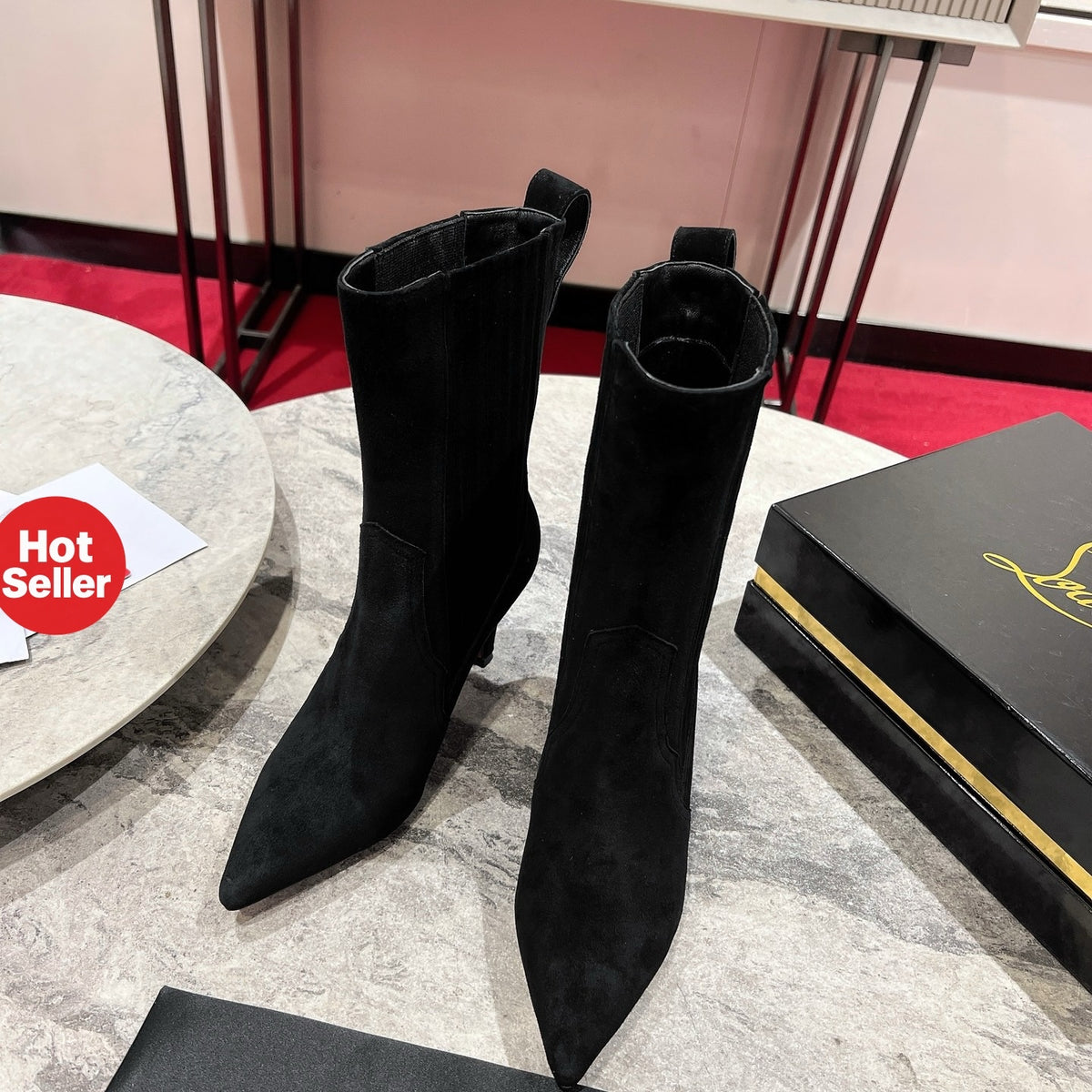 Black sheep suede mid-calf boots, 10cm heel.
