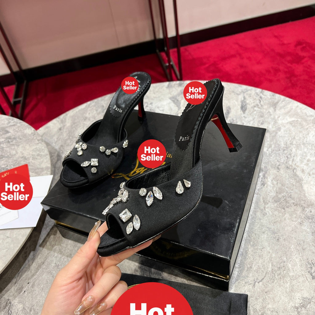 Crystal high-heeled mules, 8.5cm heel.