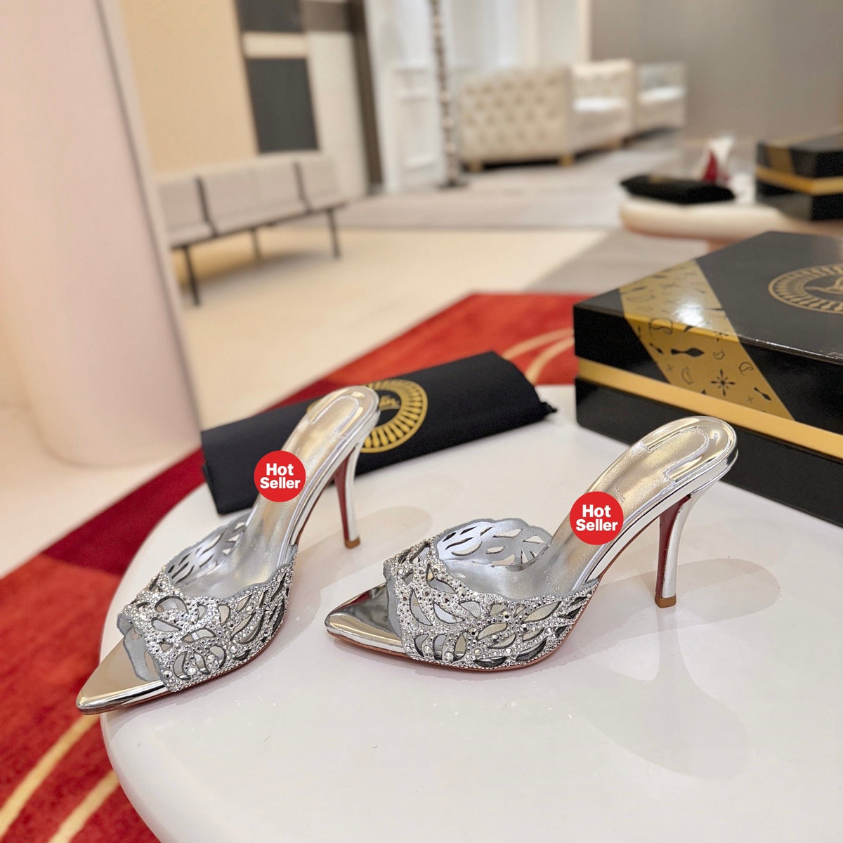 Cut-out fully rhinestone-encrusted high-heeled mules (10cm heel)