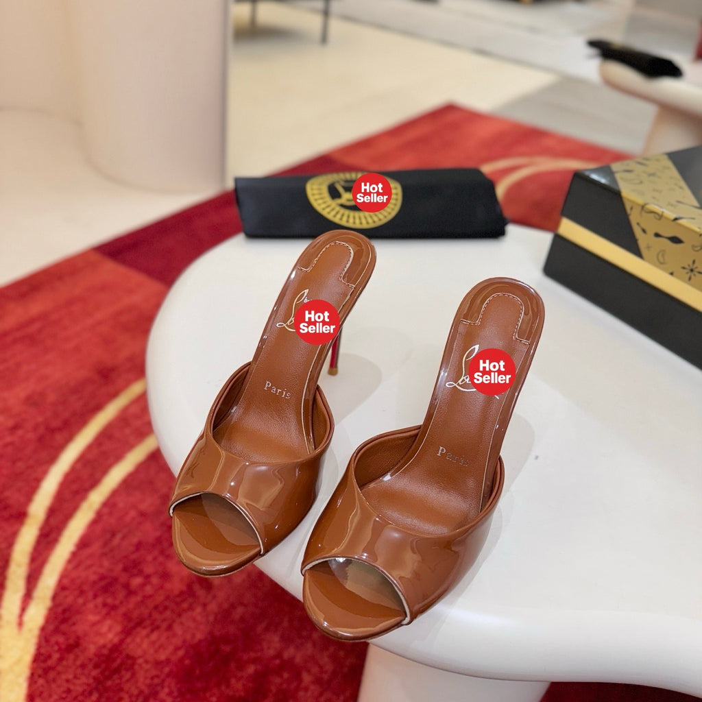 Brown patent leather peep-toe high-heeled mules, 10cm heel.