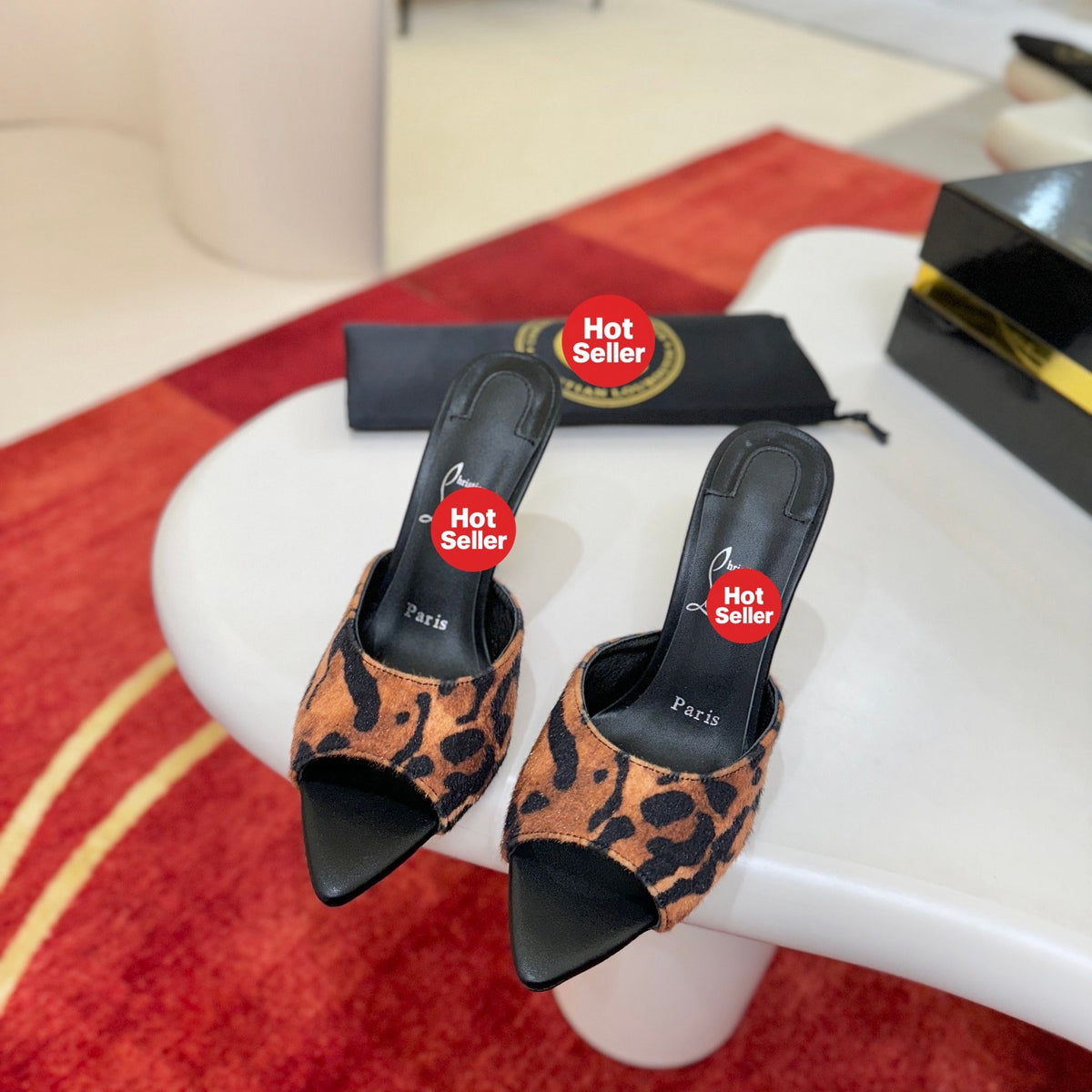 Leopard-print pointed-toe high-heeled mules (10cm heel)