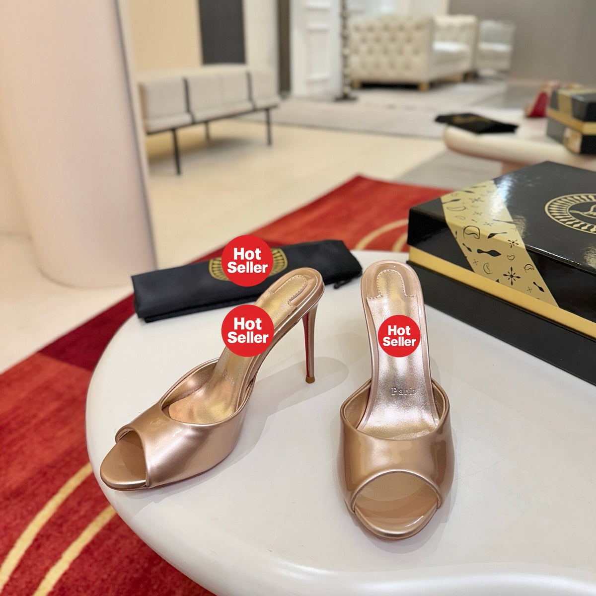 Peep-toe high-heeled mules, 10cm heel.