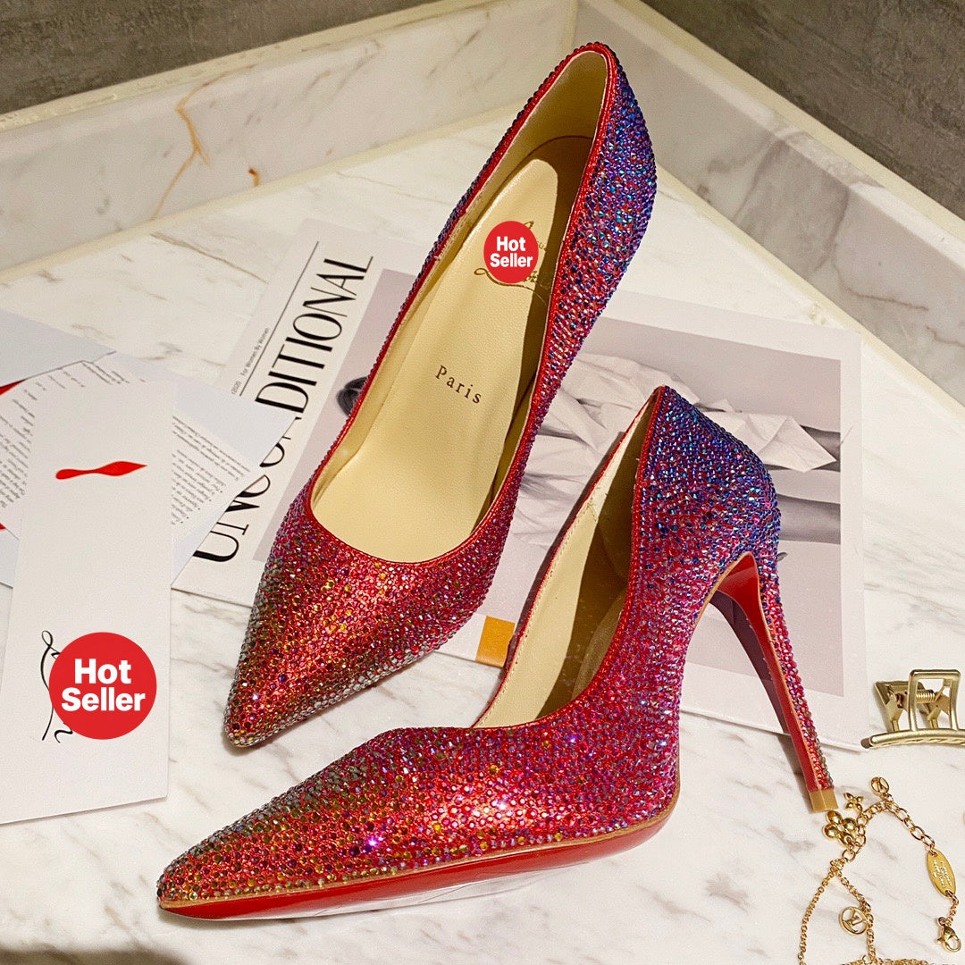 Red fully embellished high heels, 10cm heel.