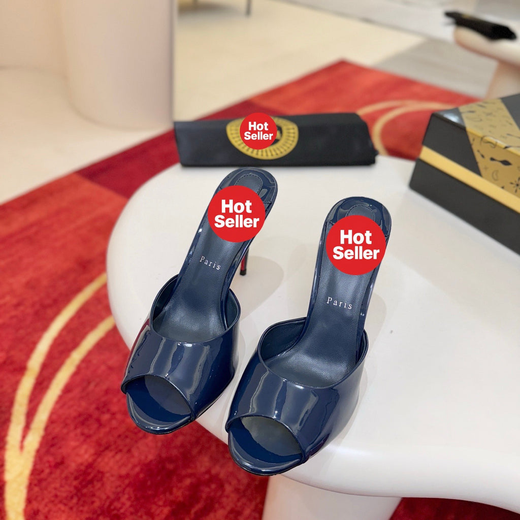 Deep blue patent leather peep-toe high-heeled mules, 10cm heel.