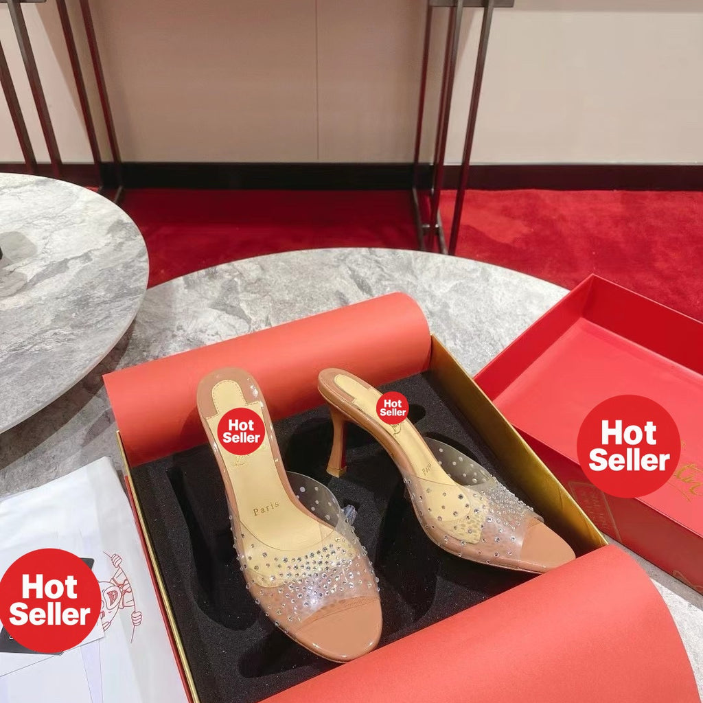 Clear-strap peep-toe high-heeled mules (8cm heel)