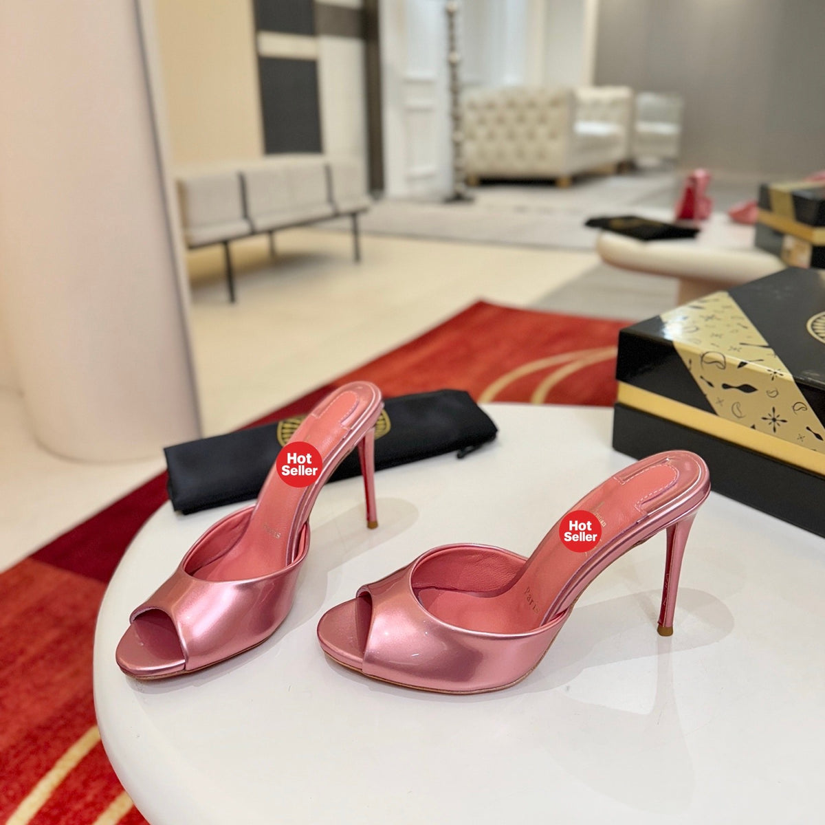 Peep-toe high-heeled mules, 10cm heel.