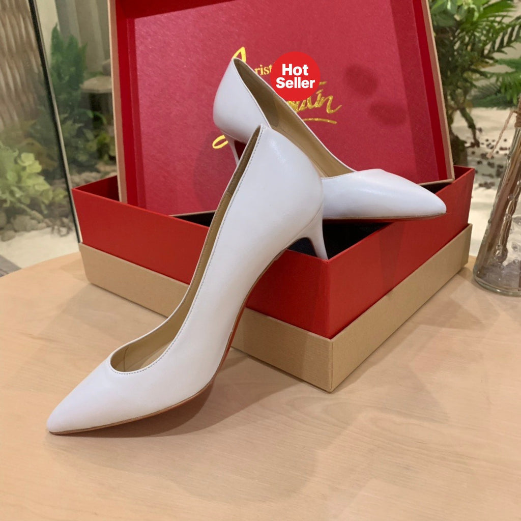 White cowhide high heels, 8.5cm heel.