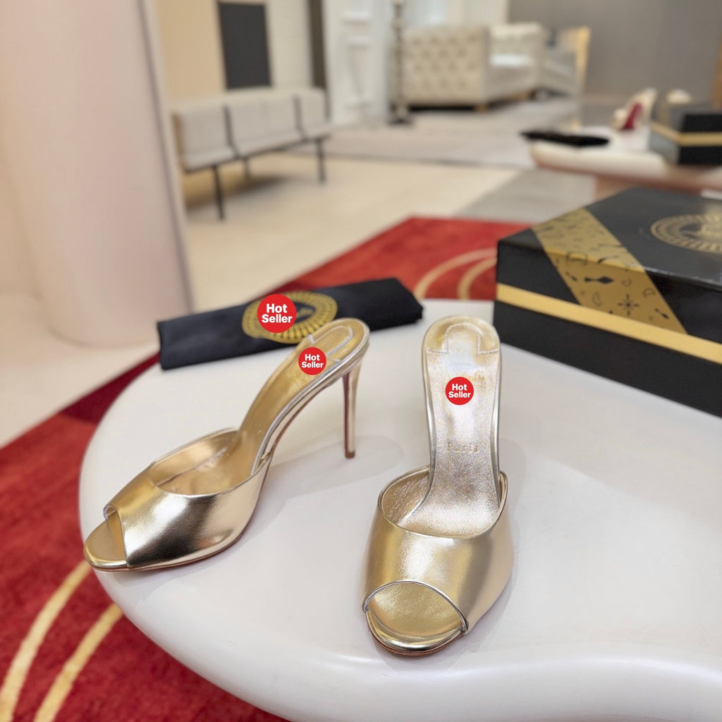 Peep-toe high-heeled mules, 10cm heel.