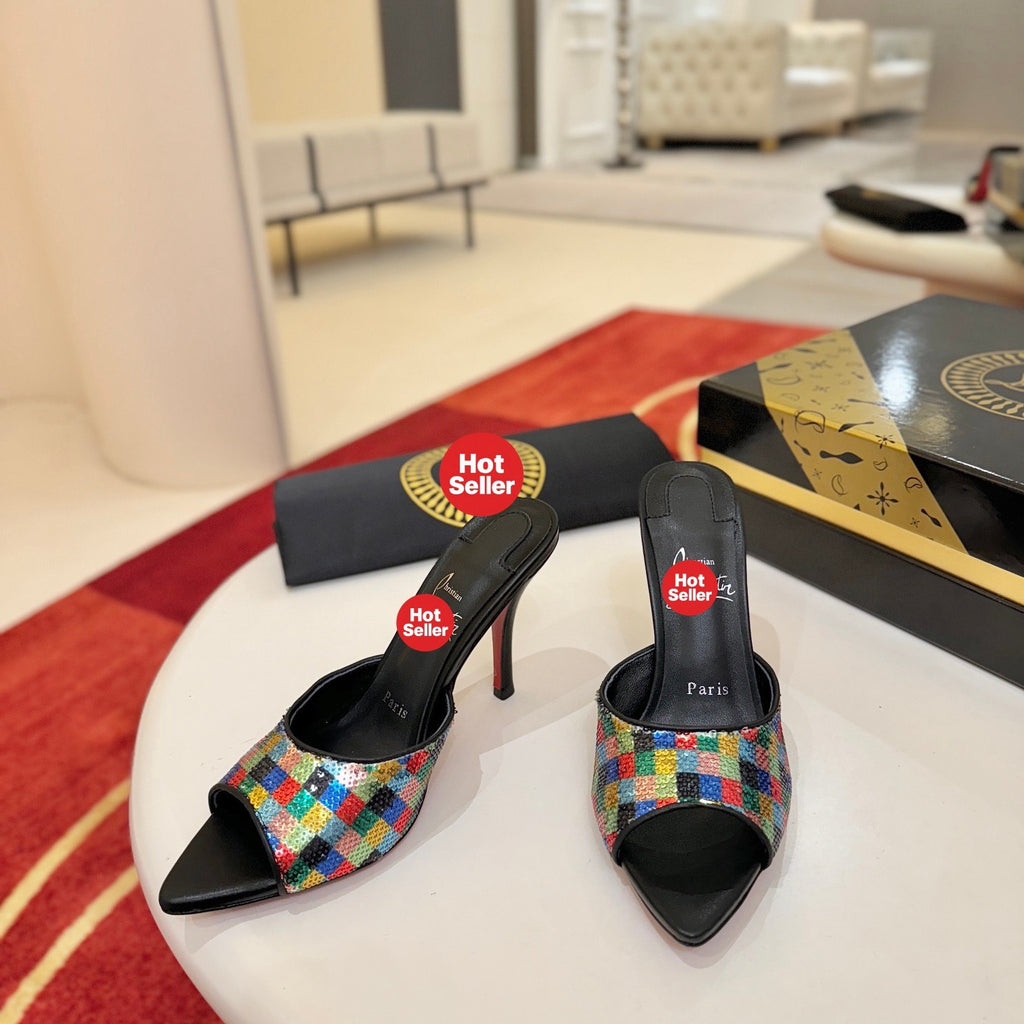 Pointed-toe sequin high-heeled mules (10cm heel)