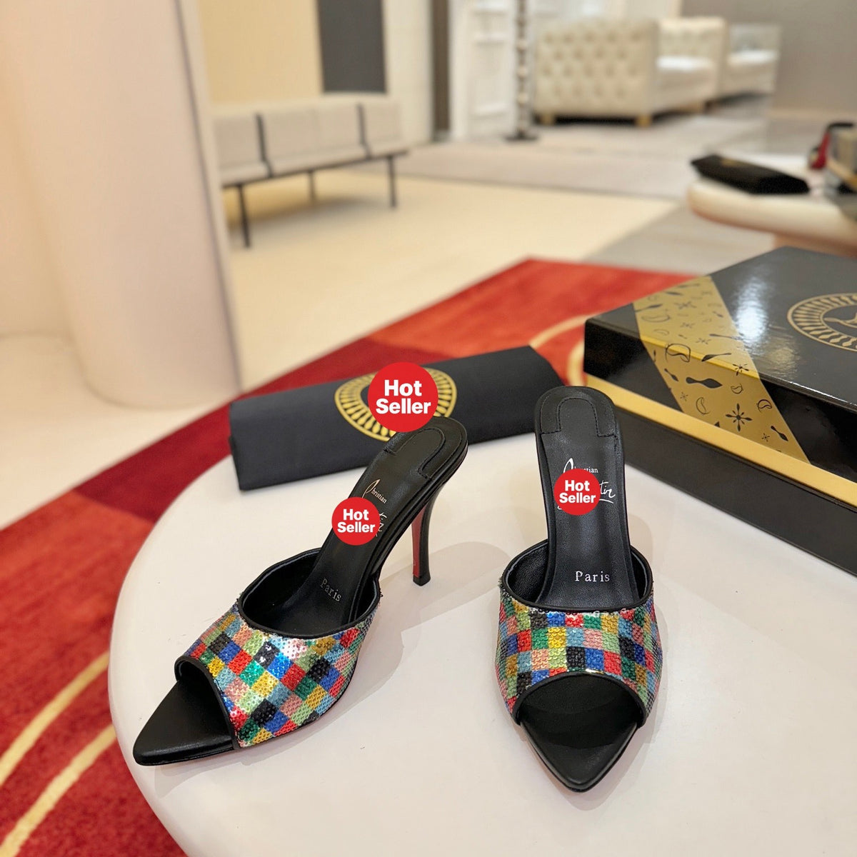 Pointed-toe sequin high-heeled mules (10cm heel)