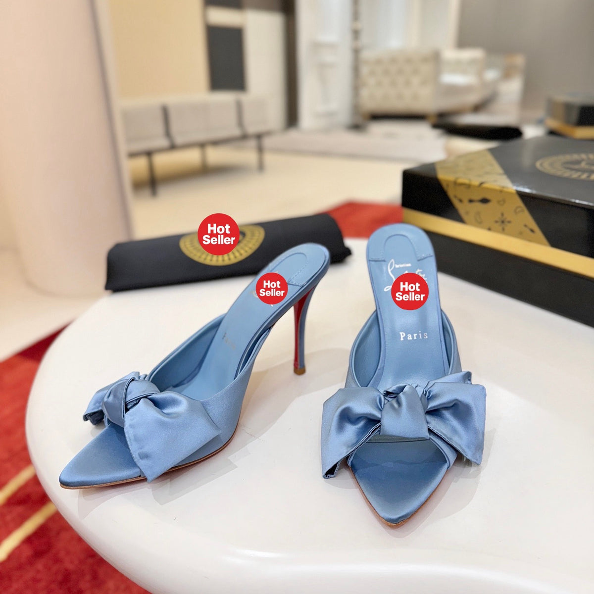 Blue silk taffeta bow-detail high-heeled mules