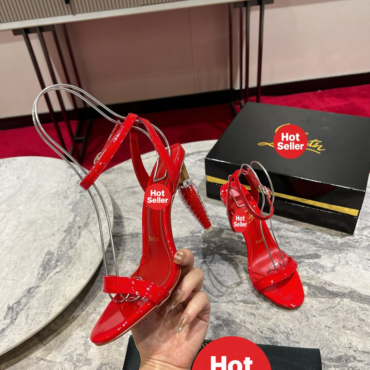 Red high heels, 10cm heel.