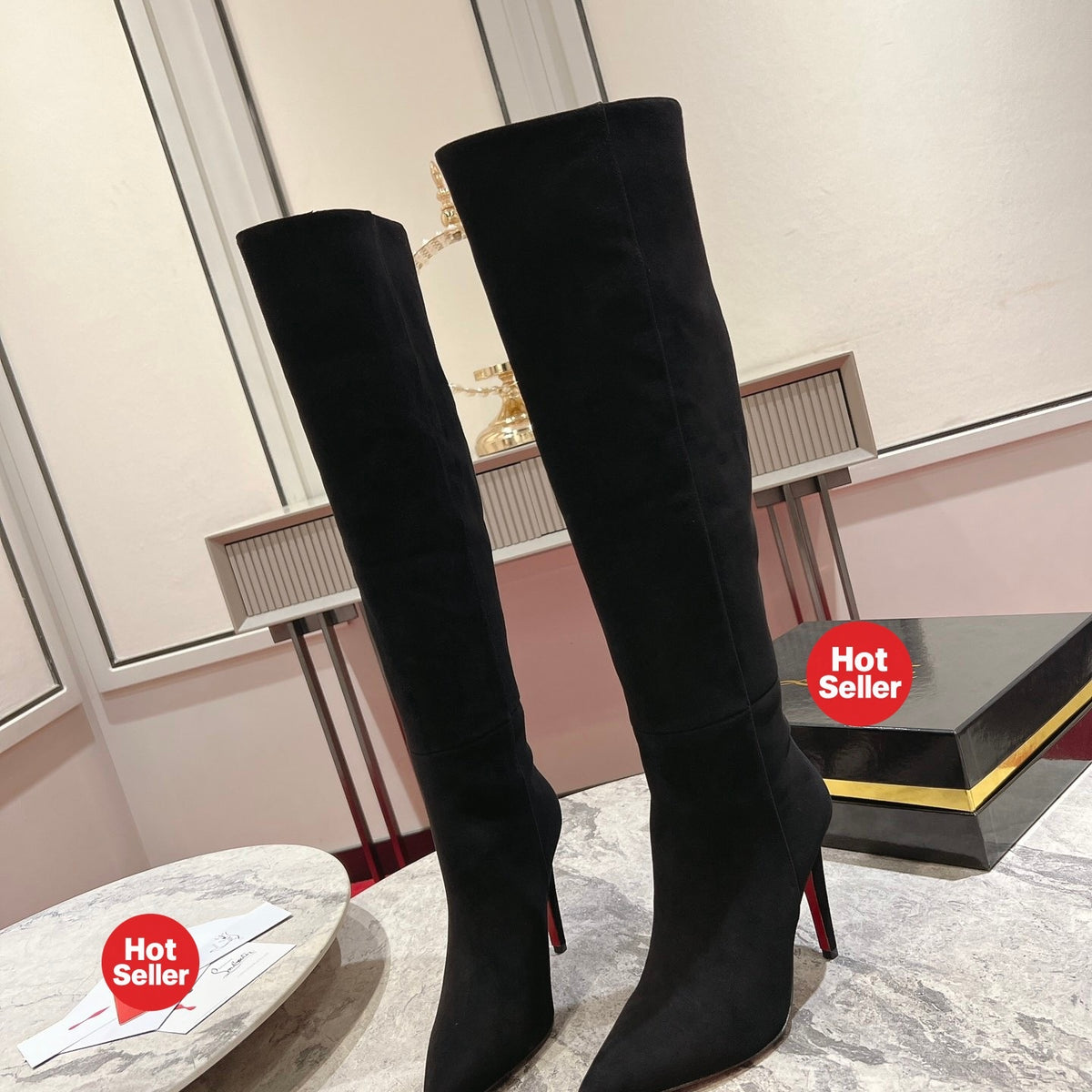 Black suede long boots, 10cm heel.