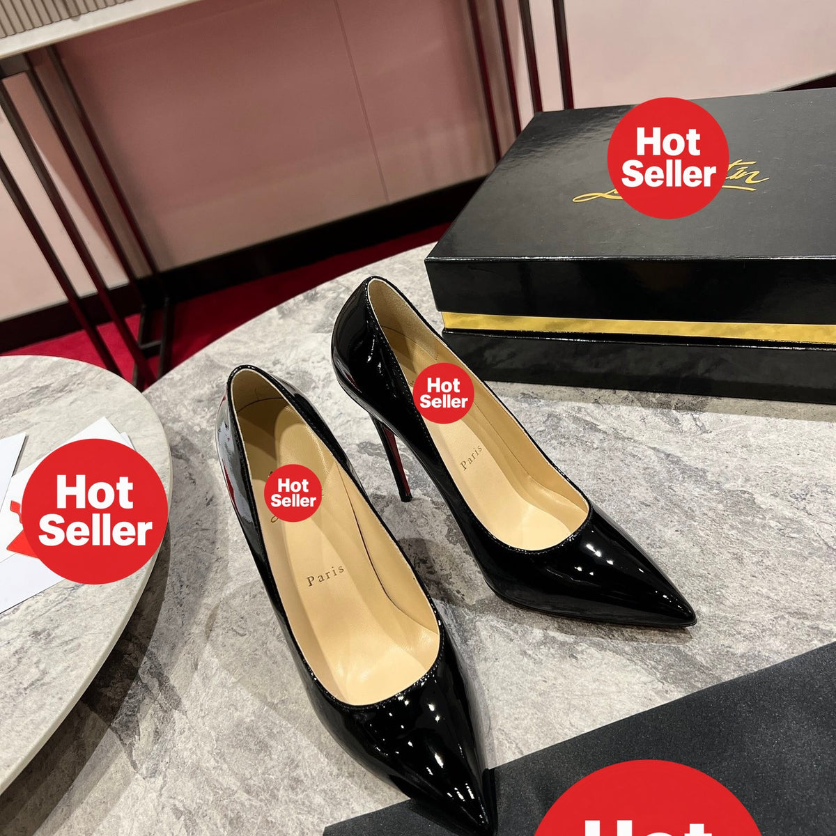 Black patent leather high heels, 12cm heel.