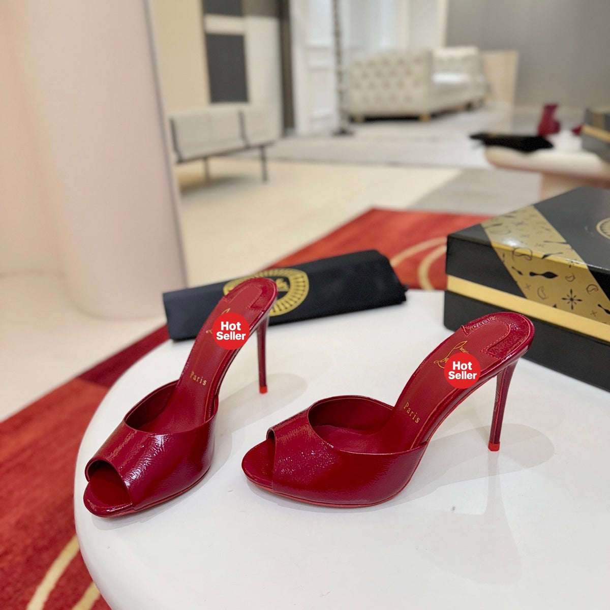 Red patent leather peep-toe high-heeled mules (10cm heel)