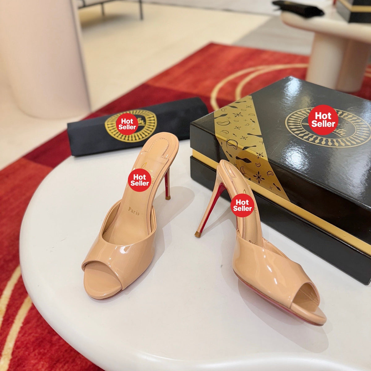 Beige patent leather peep-toe high-heeled mules, 10cm heel.