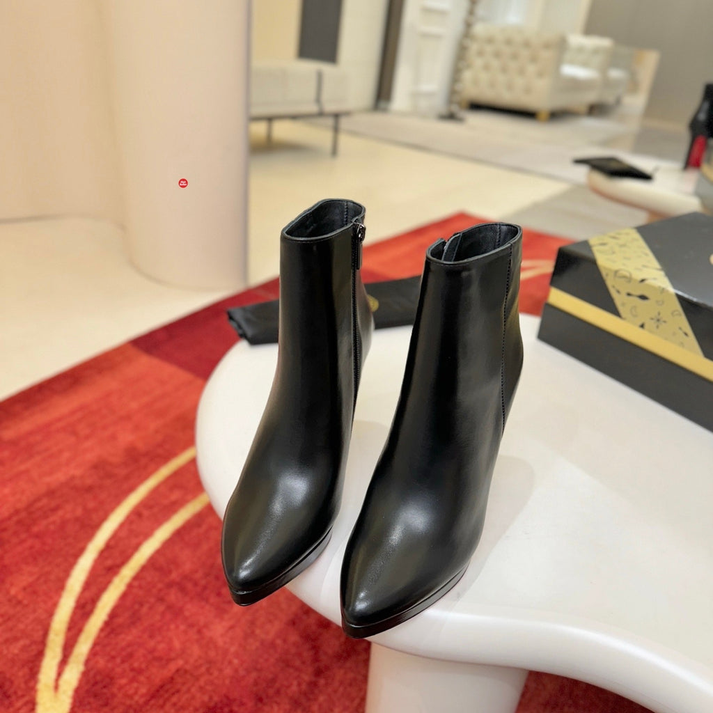 Black leather stiletto ankle boots, 12cm heel.
