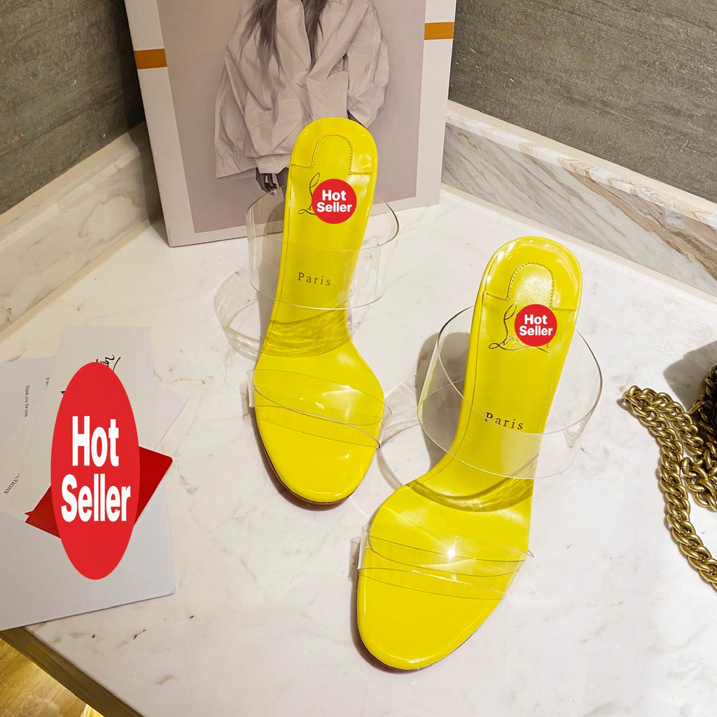 Yellow translucent high-heeled mules, 10cm heel.